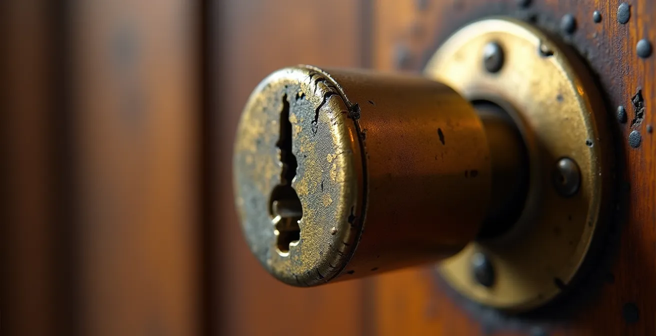 Gros plan sur cylindre de serrure déformé après tentative d'ouverture forcée