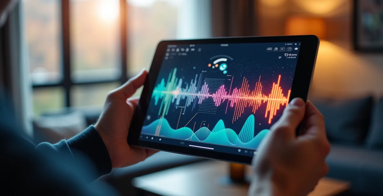 Main tenant une tablette affichant des motifs abstraits colorés représentant la couverture WiFi dans une maison