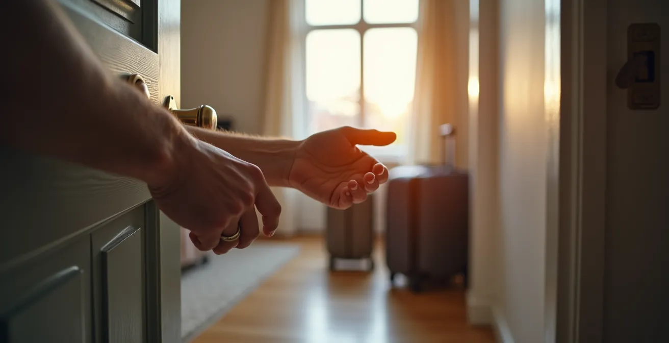 Propriétaire vérifiant sereinement sa serrure avant de partir en vacances