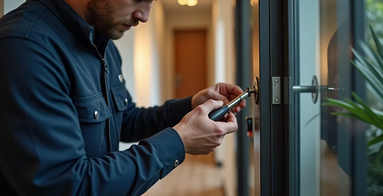 Artisan serrurier professionnel en intervention avec mallette d'outils spécialisés